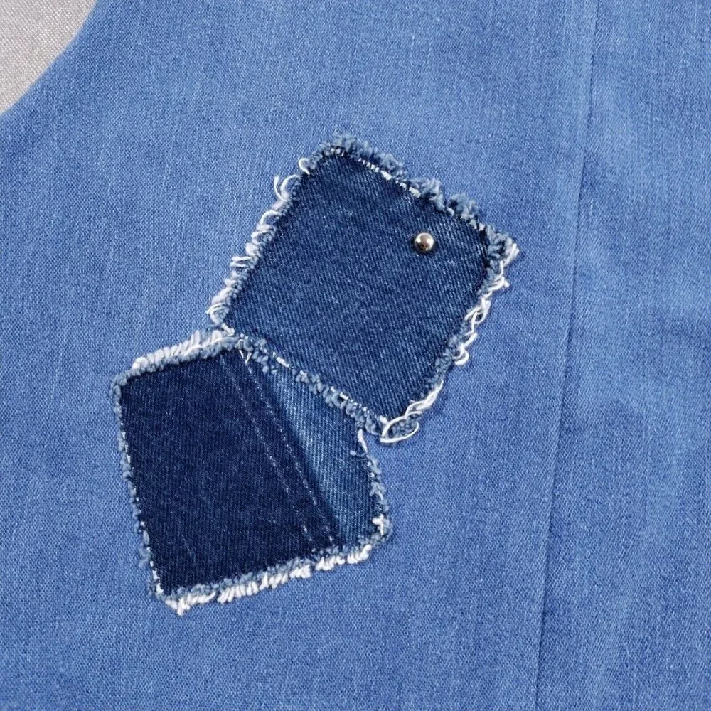 Vtg Handmade Denim Patchwork Vest Large Bandana Print Concho Lined